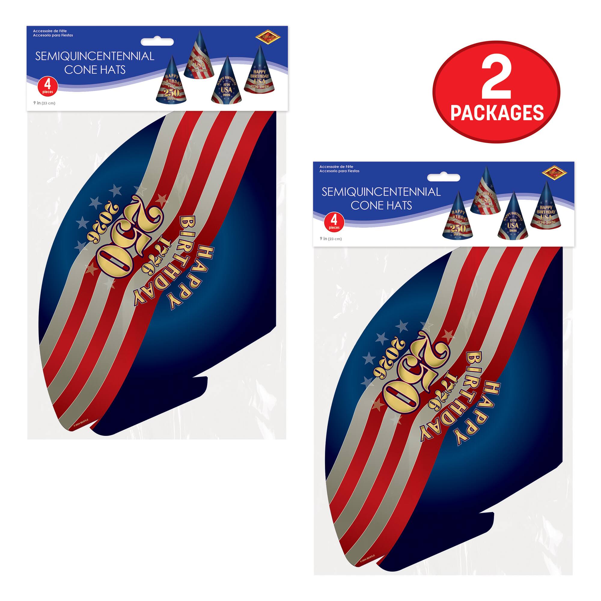 Beistle 9" Semiquincentennial Cone Hats, 2 Packs of 4